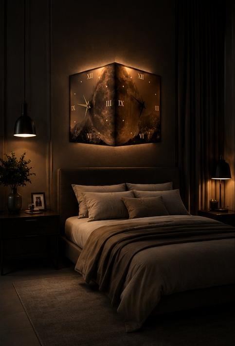 Celius Corner Wall Clock in Bedroom