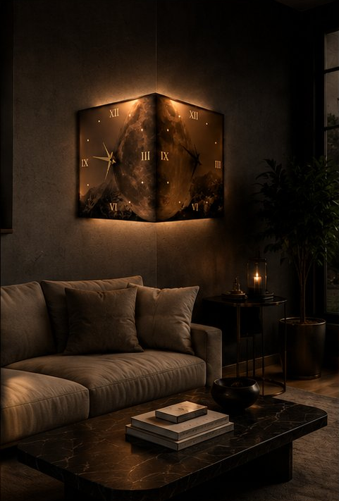Celius Corner Wall Clock in Living Room